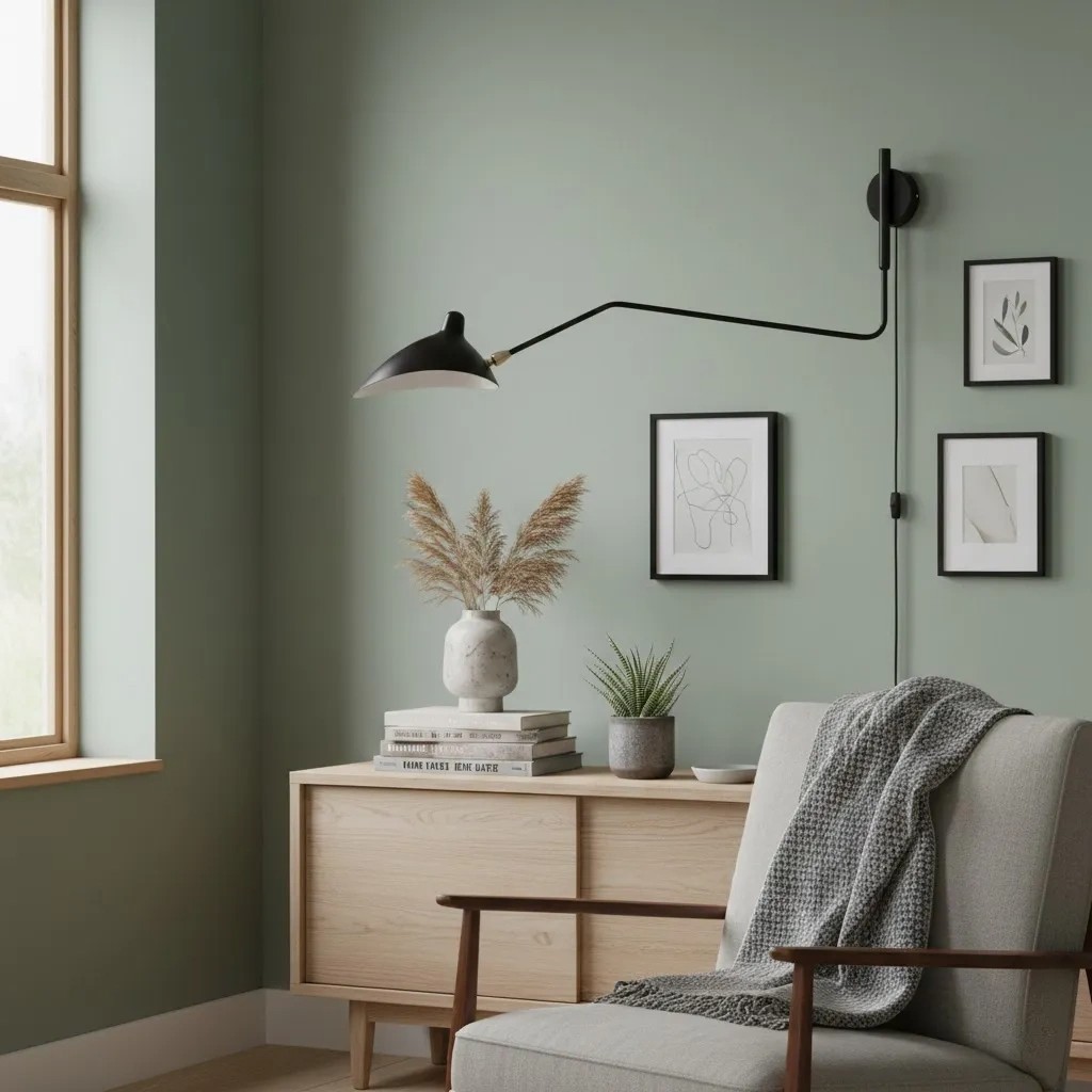 Wandlamp in een groene zithoek