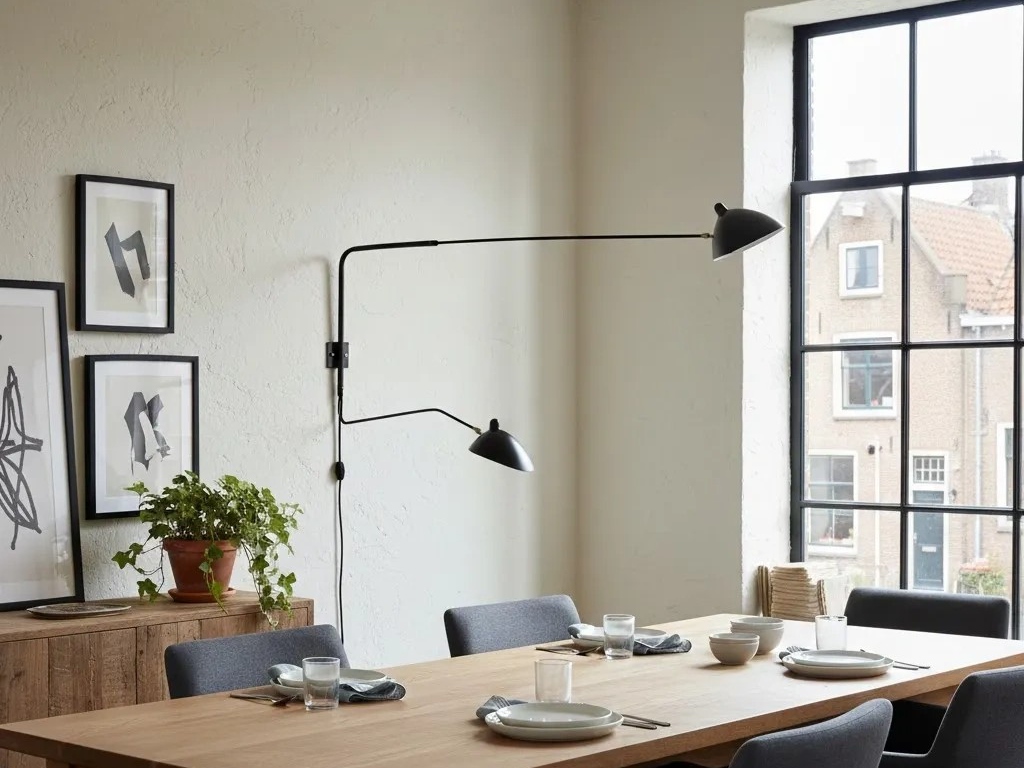 Wandlamp boven een eettafel bij een raam