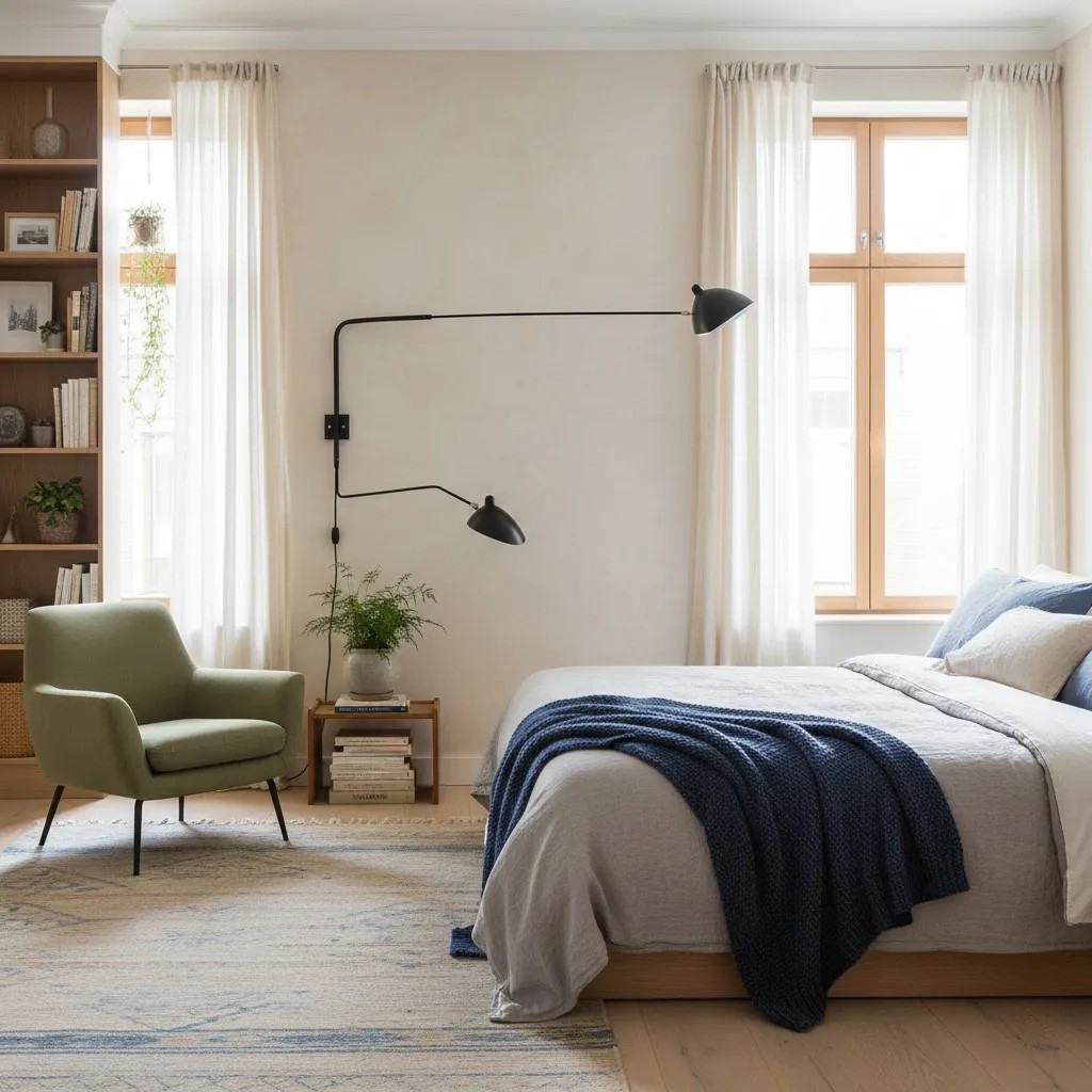 Wandlamp in slaapkamer met blauwe plaid