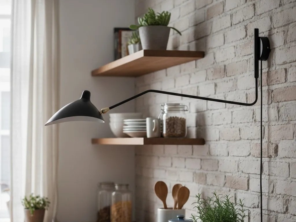 Wandlamp in keukeninterieur naast bakstenen muur