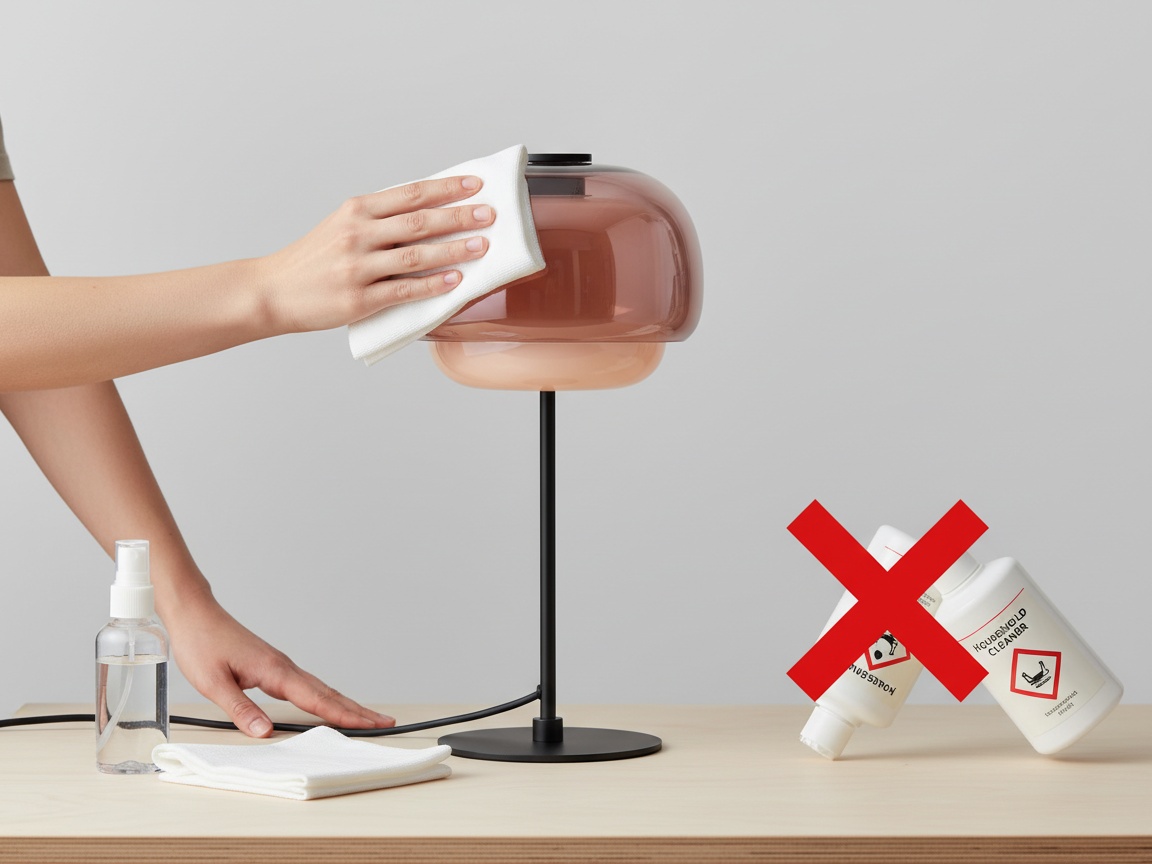 De glazen tafellamp reinigen met een vochtige doek
