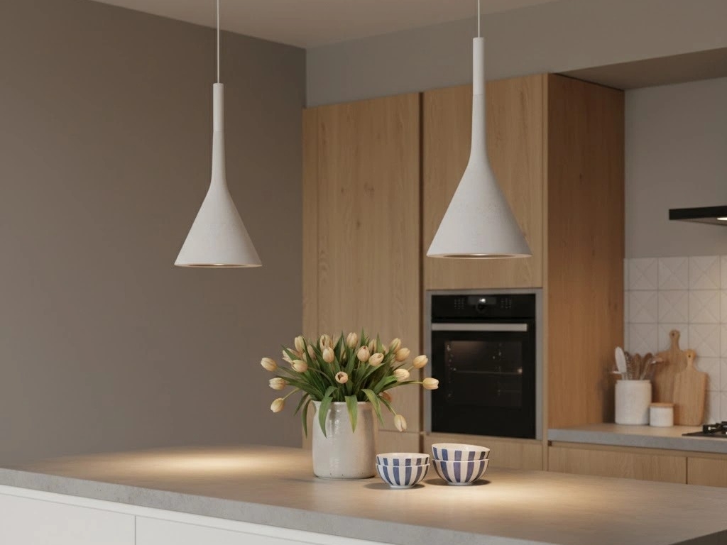 Witte Alphomo hanglampen boven een keukeneiland