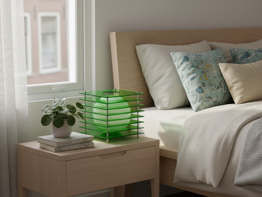 Groene Sunset Cube tafellamp naast bed