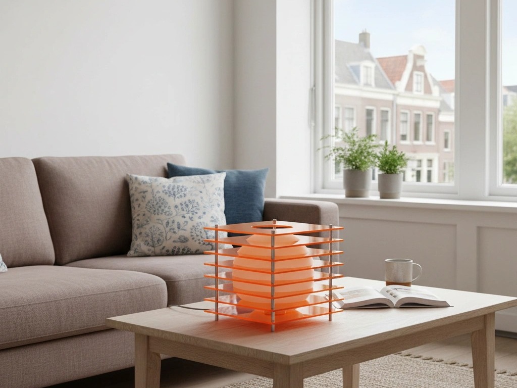 Sunset Cube tafellamp in woonkamer bij specificaties