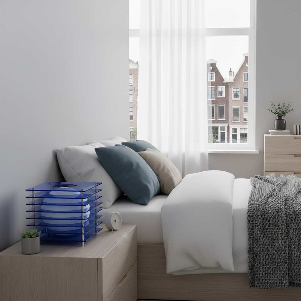 Blauwe Sunset Cube tafellamp in slaapkamer