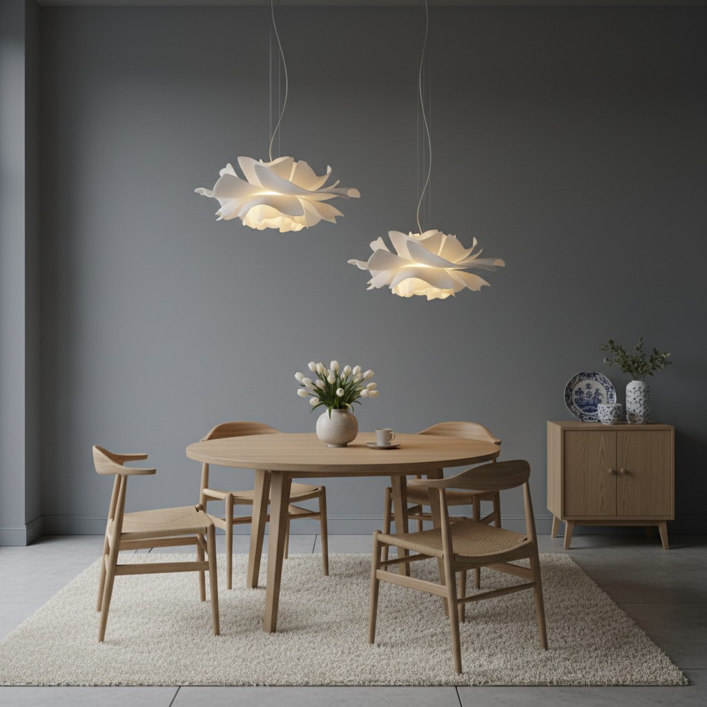 Lotus hanglamp boven eettafel