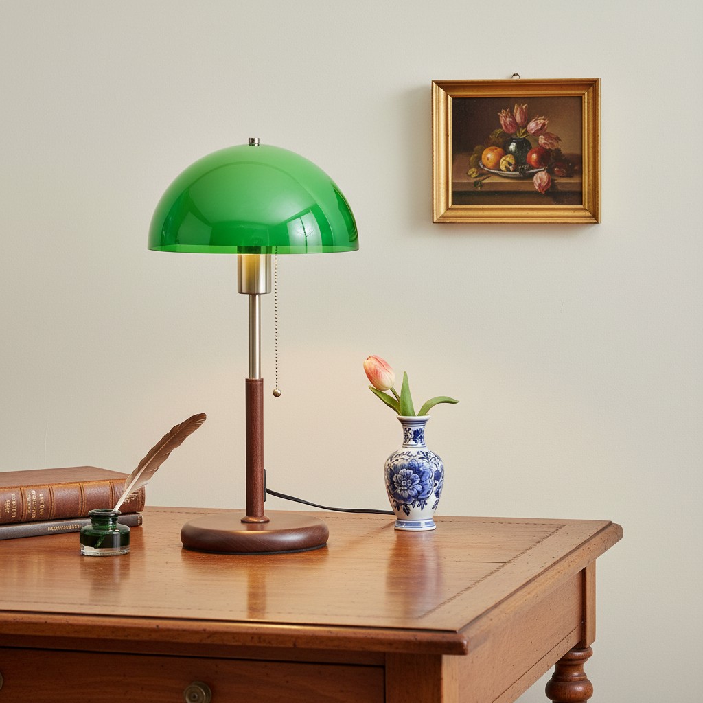 Groene tafellamp op houten bureau