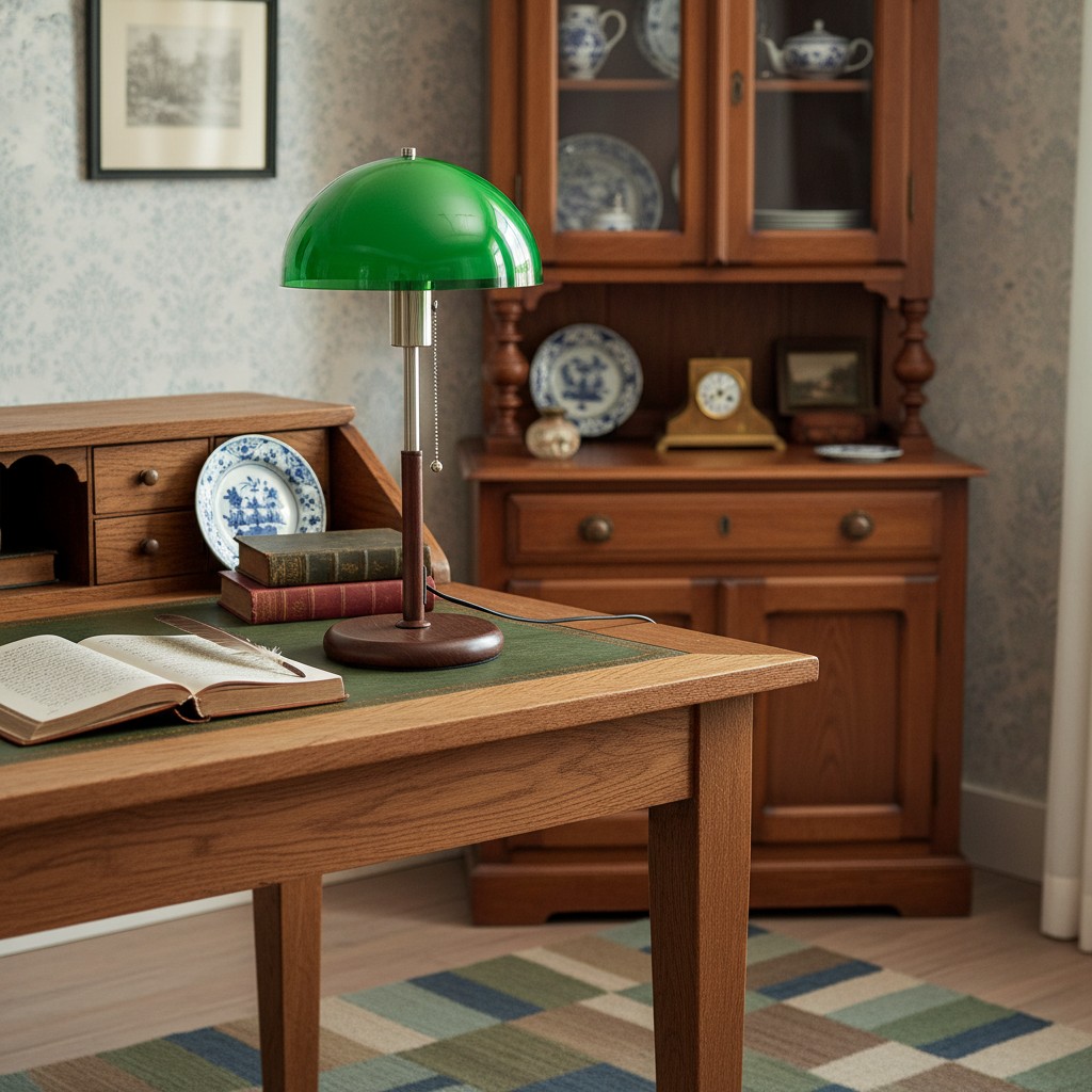 Groene tafellamp in een studeerkamer