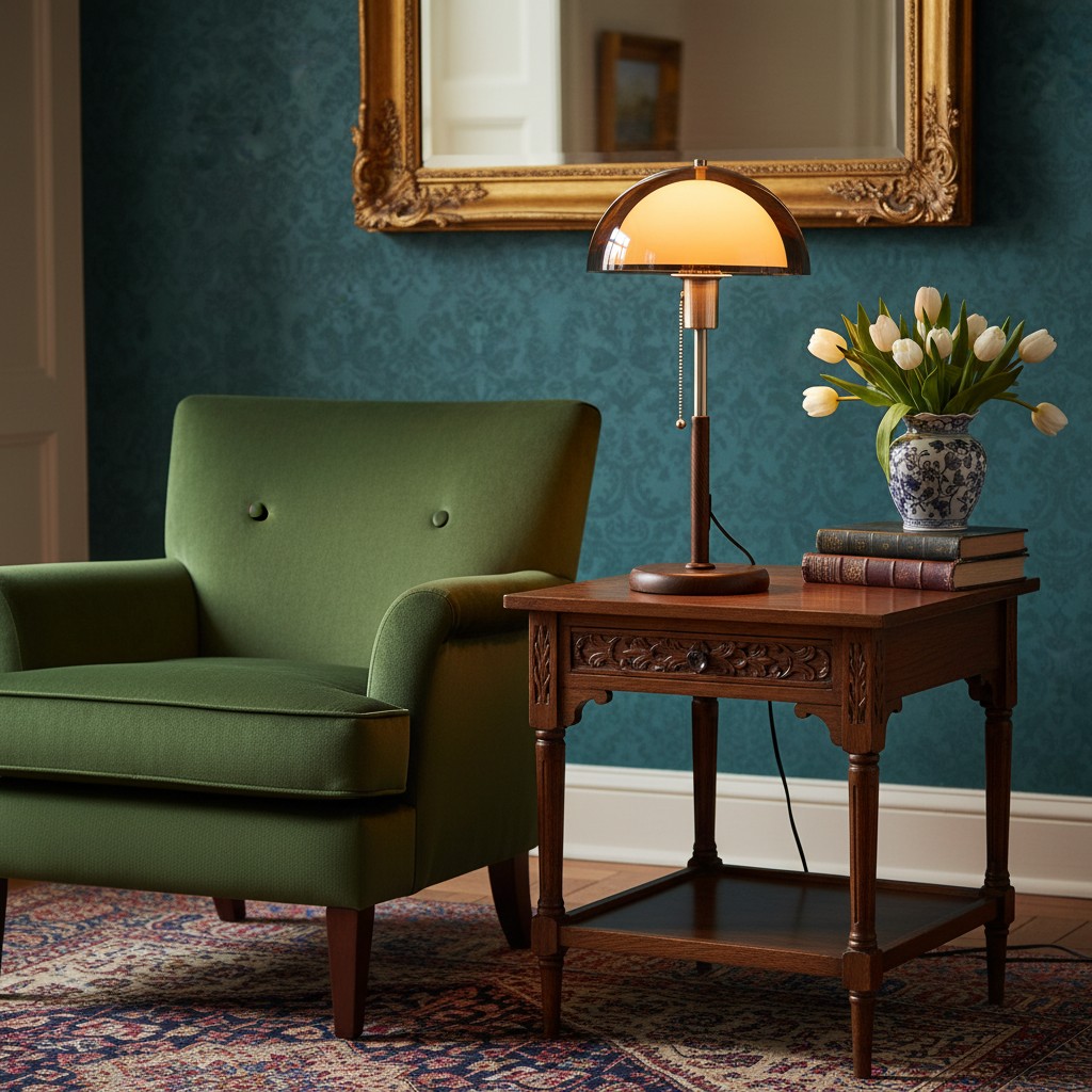 Amber tafellamp naast groene fauteuil