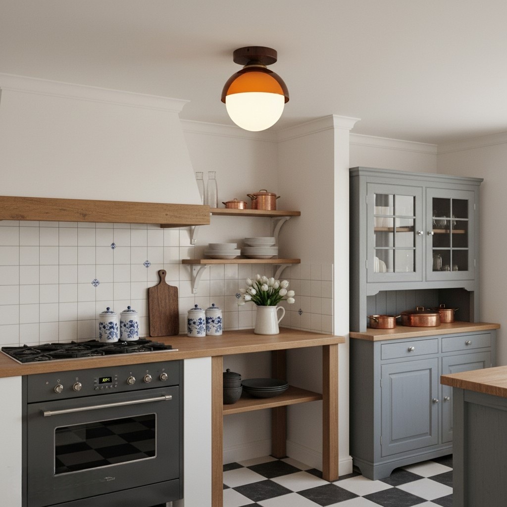 Plafondlamp in een keuken met moderne vintage sfeer