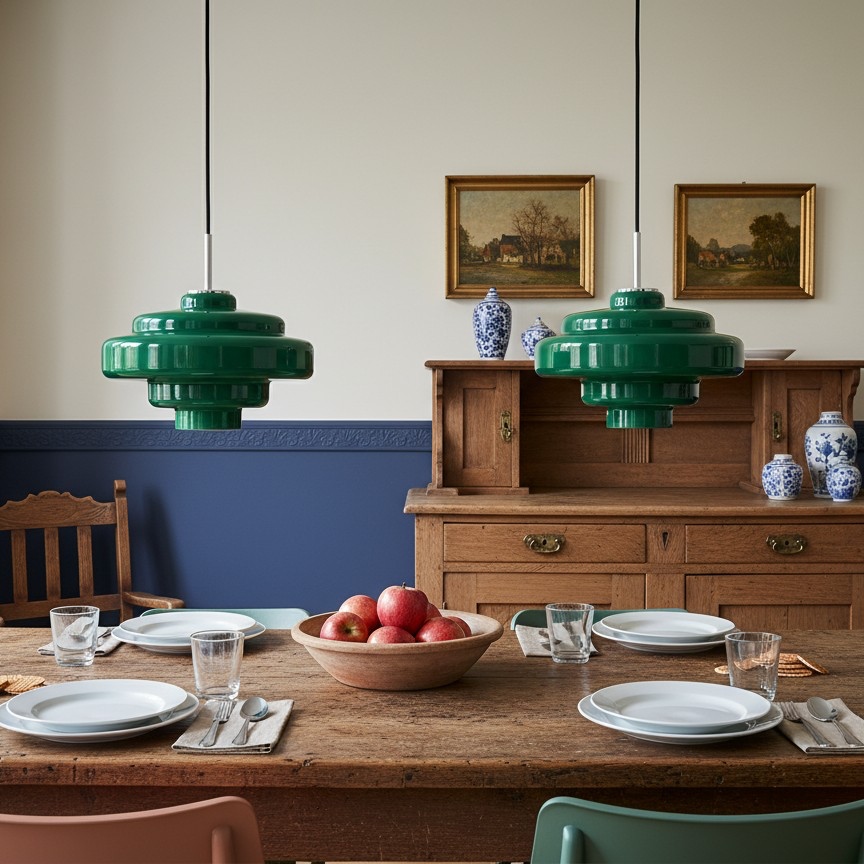 Groene Koloro hanglampen boven een eettafel
