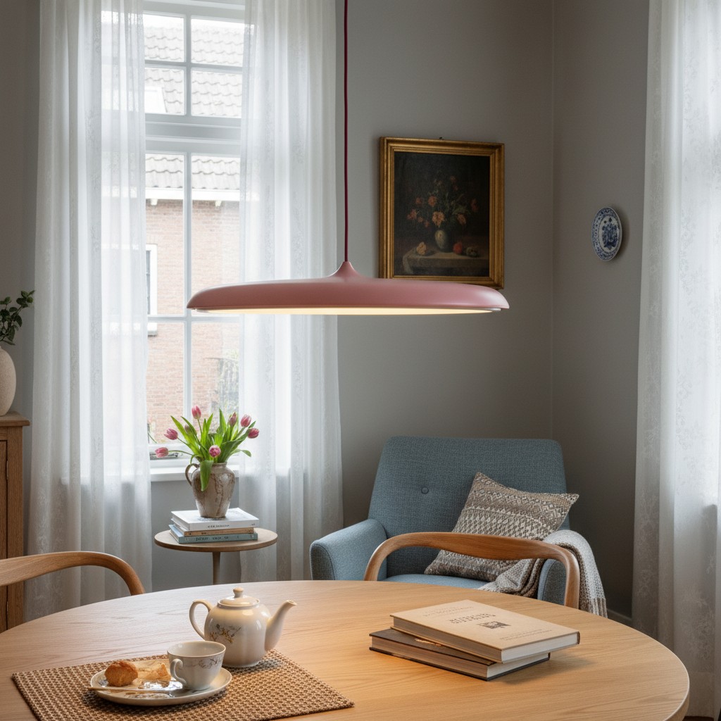 Roze Macaron hanglamp bij raam