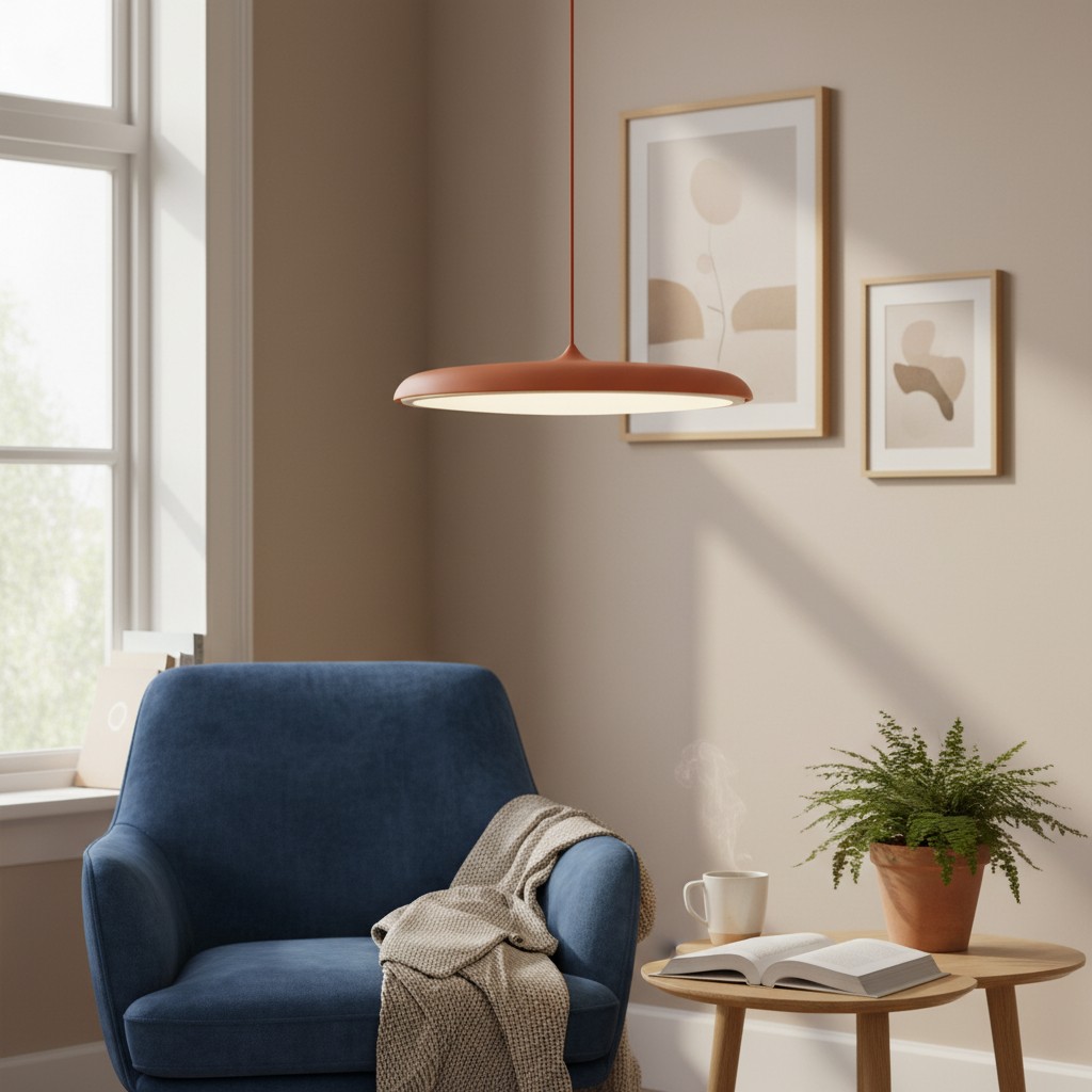 Roségouden Macaron hanglamp naast blauwe stoel