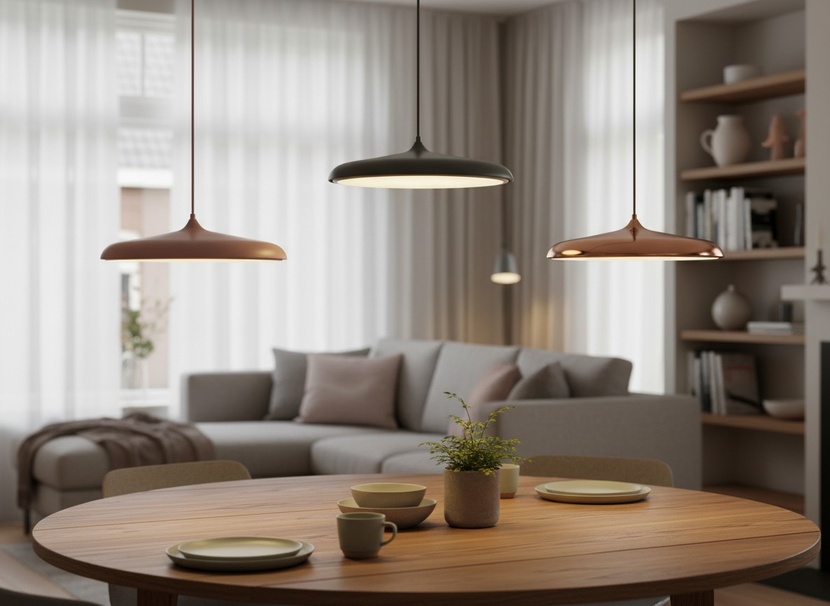 Meerdere Macaron hanglampen boven een ronde tafel