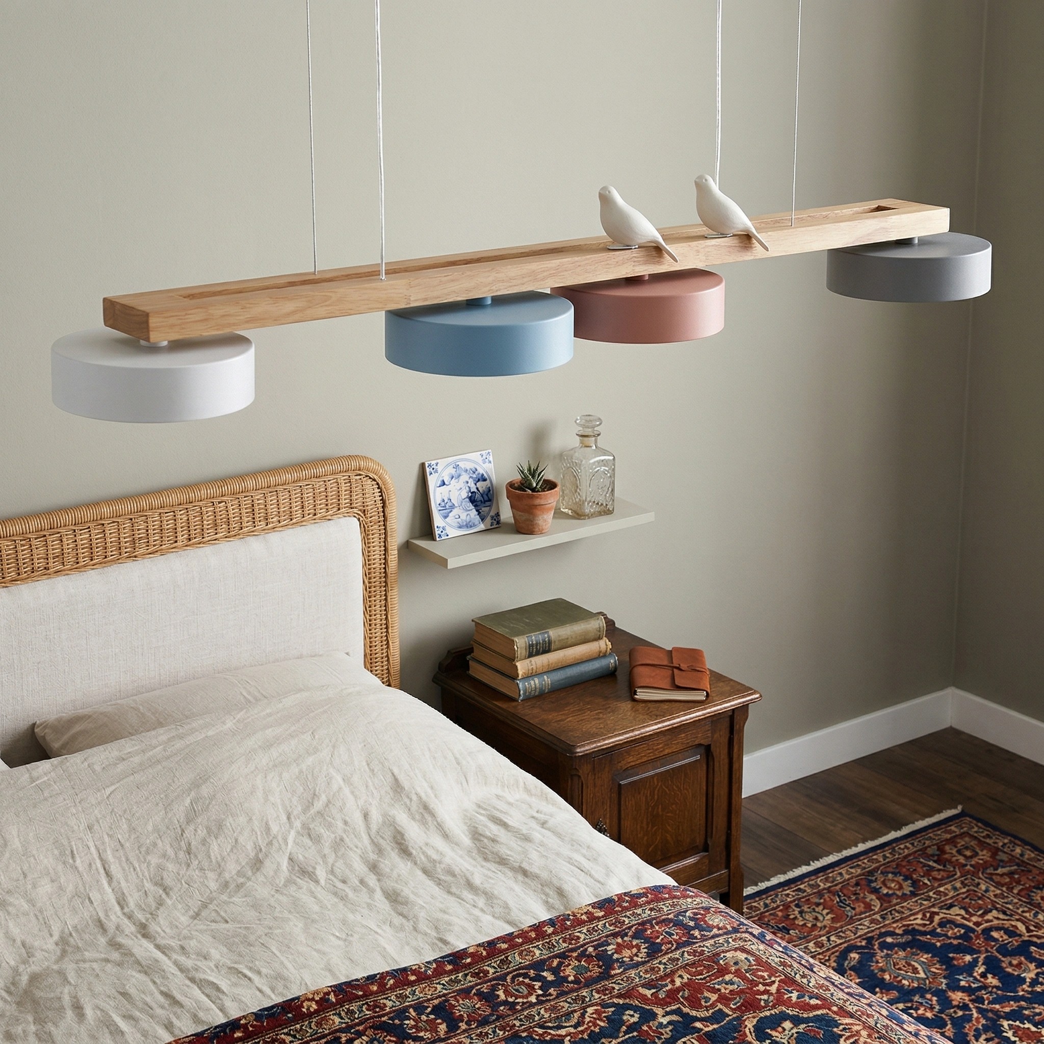 Sienna Bird kroonluchter boven bed