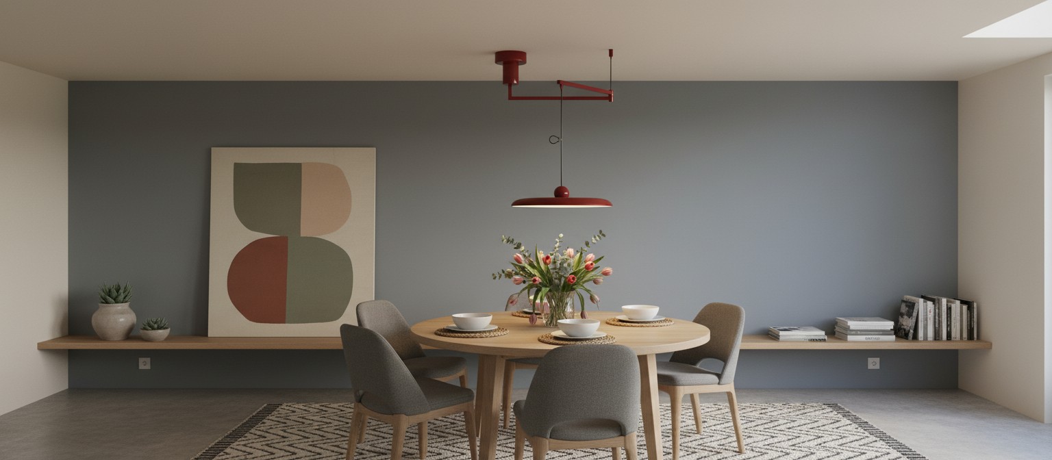 Tizio hanglamp met zwenkarm boven een eettafel
