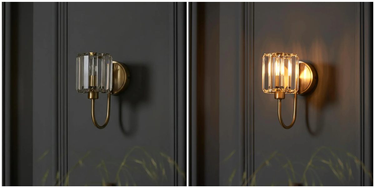 Vergelijking van Tracian wandlamp uit en aan