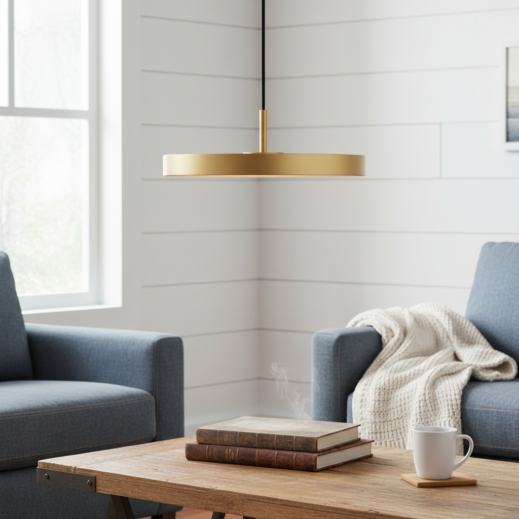 Gouden hanglamp in woonkamer