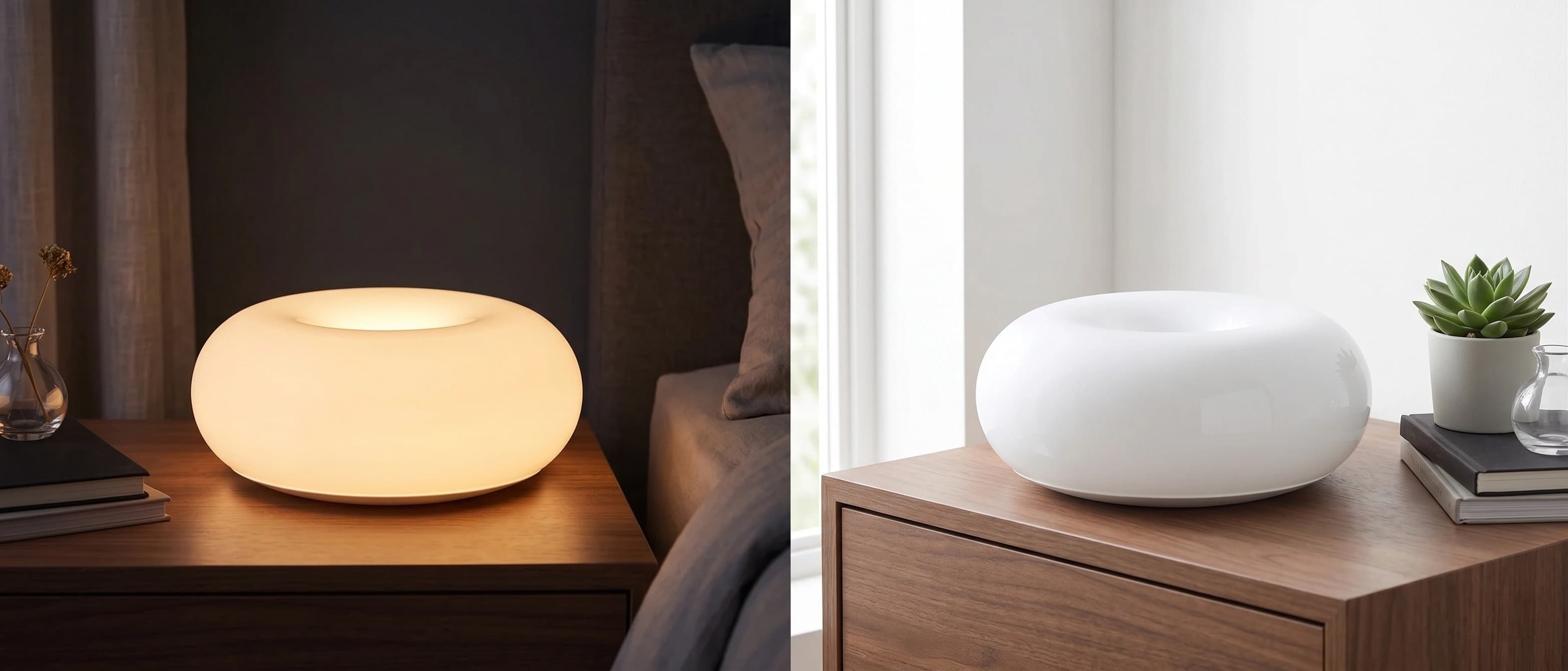 Halorentis lamp met licht aan en uit weergegeven naast elkaar
