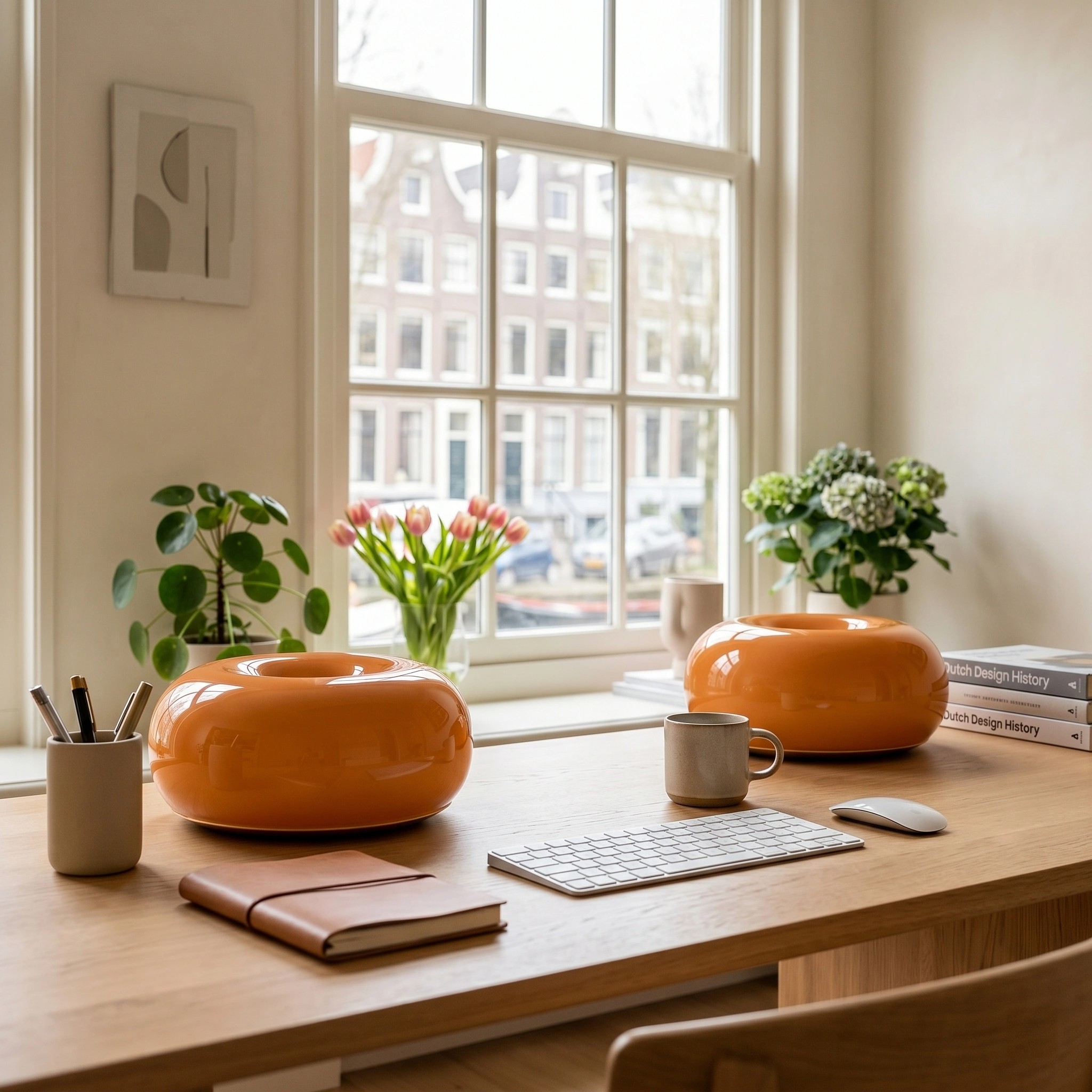 Oranje Halorentis tafellampen op een bureau