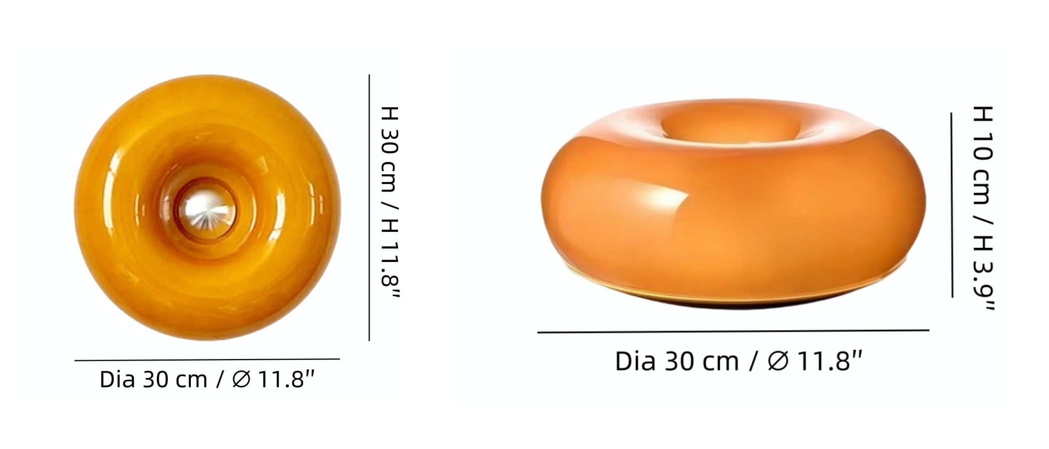Afmetingen en specificatiediagram van de Halorentis donutlamp