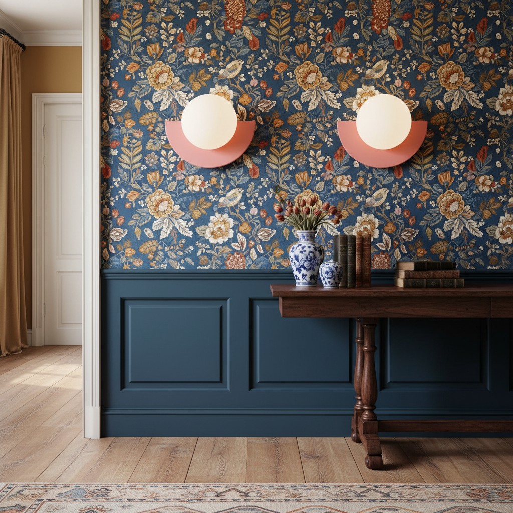 Macaron wandlampen tegen een bloemenwand