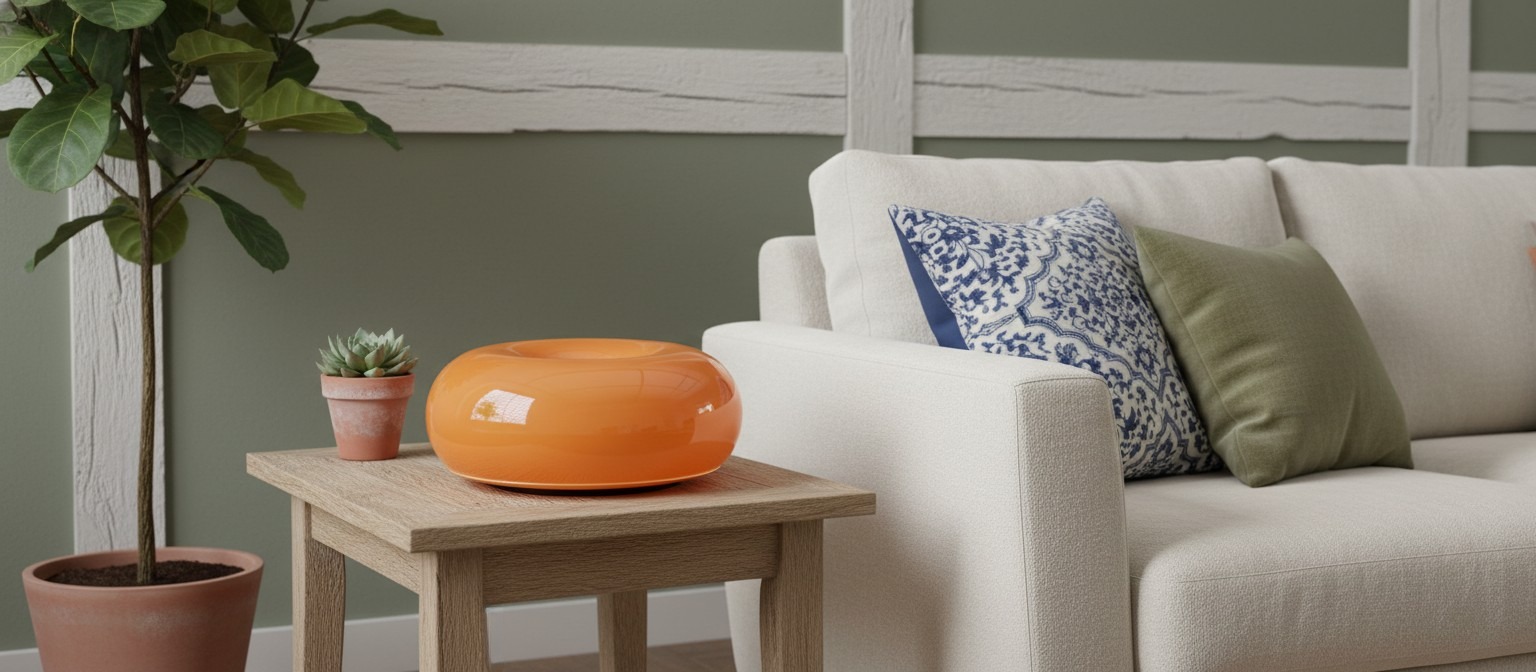 Halorentis donutlamp op een bijzettafel naast een bank