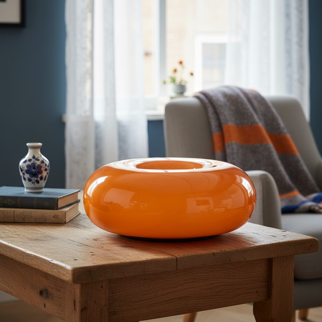 Oranje Halorentis tafellamp op een houten tafel