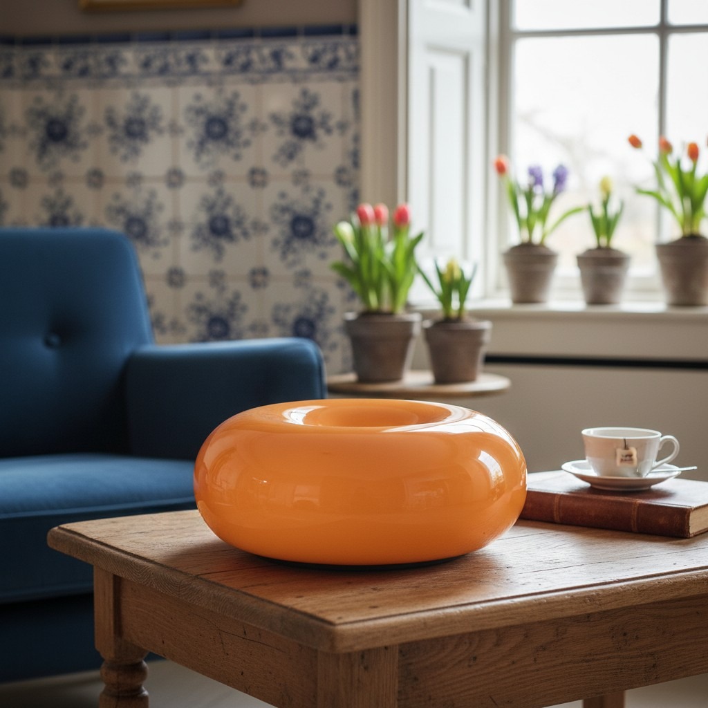 Oranje Halorentis tafellamp op houten tafel