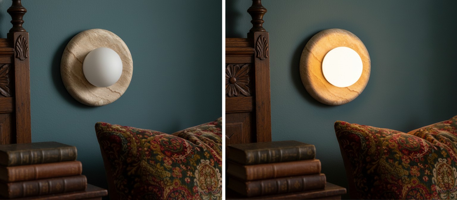 Oria wandlamp met licht uit en licht aan in één vergelijking