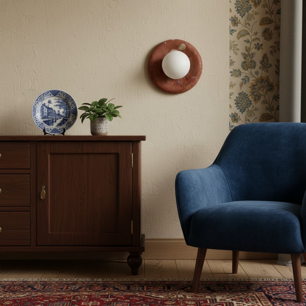 Oria wandlamp op een blauwe wand bij een fauteuil