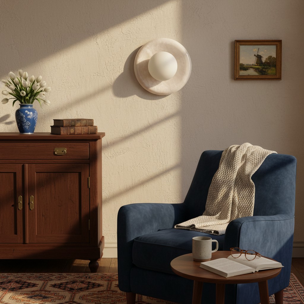 Oria wandlamp naast een fauteuil in een woonruimte