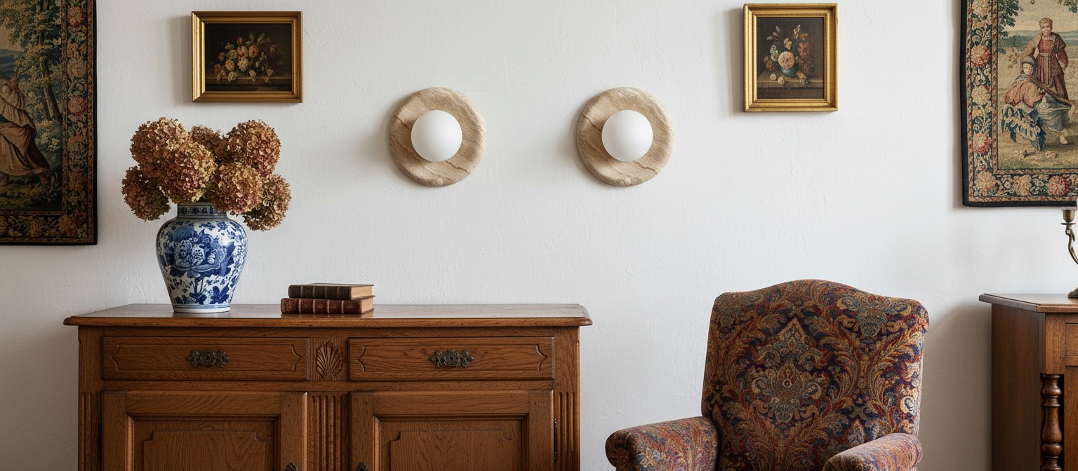 Oria wandlamp in een klassiek interieur met houten meubels