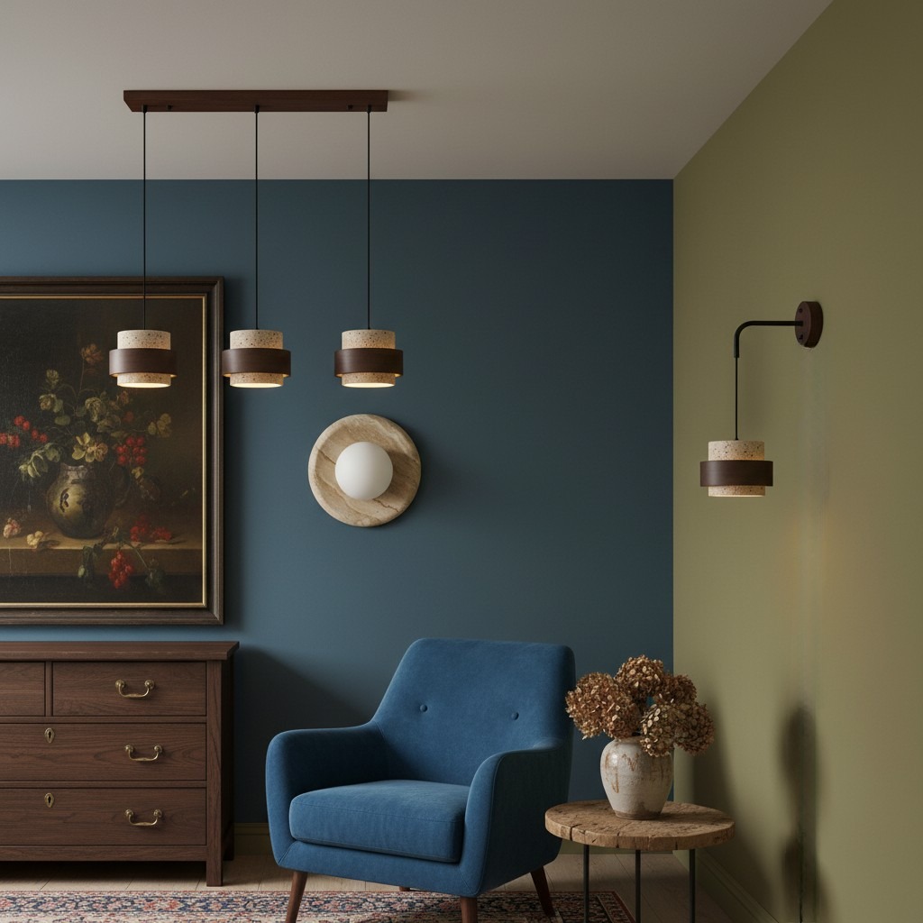 Travertinserie interieur met blauwe fauteuil en wandlamp