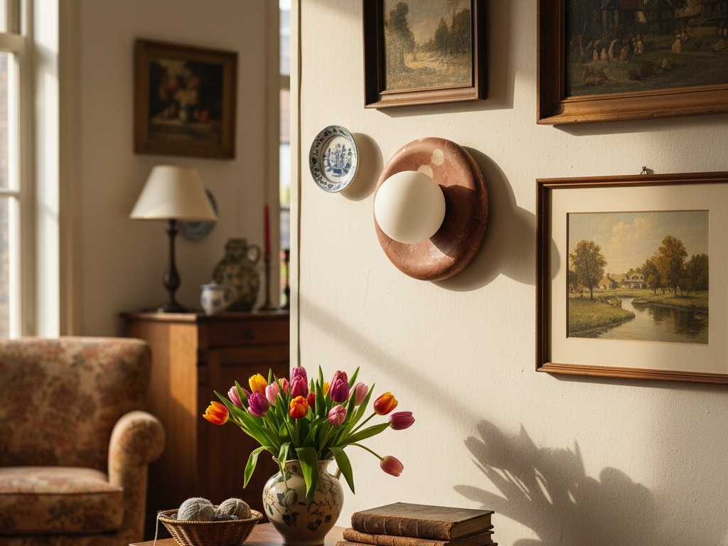 Oria wandlamp in een interieur met tulpen en schilderijen