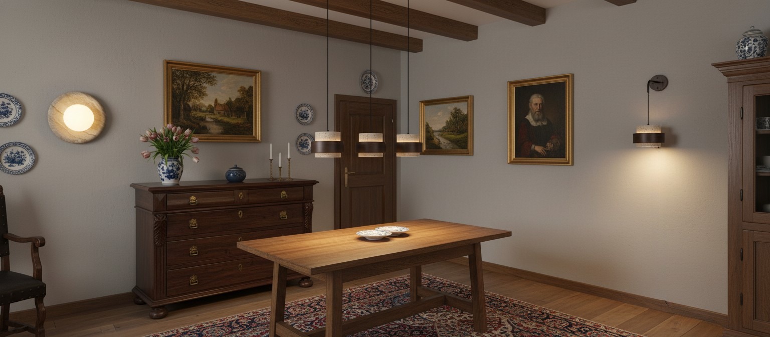 Travertinserie interieur met wandlampen en hanglampen