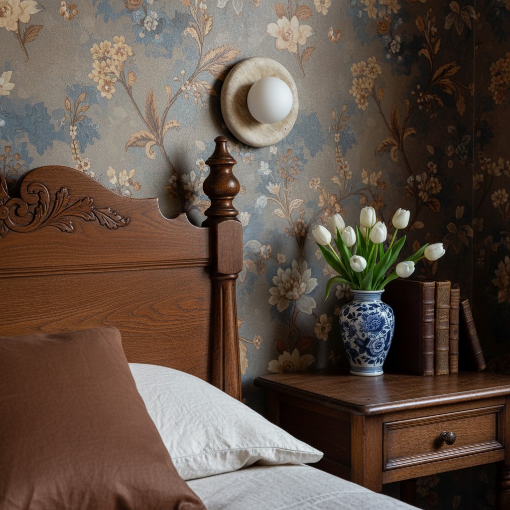 Oria wandlamp in een slaapkamer met bloemenbehang
