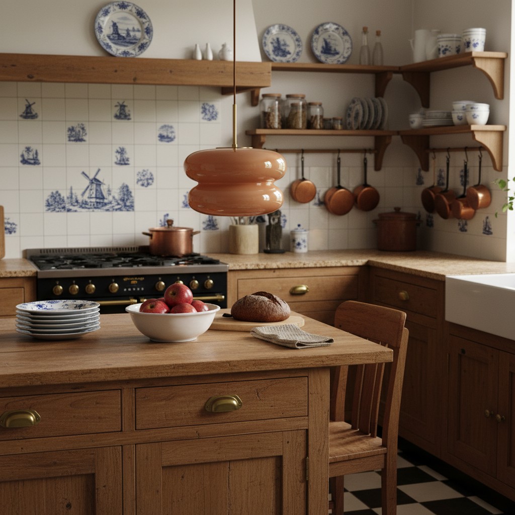 Oudroze hanglamp in de keuken