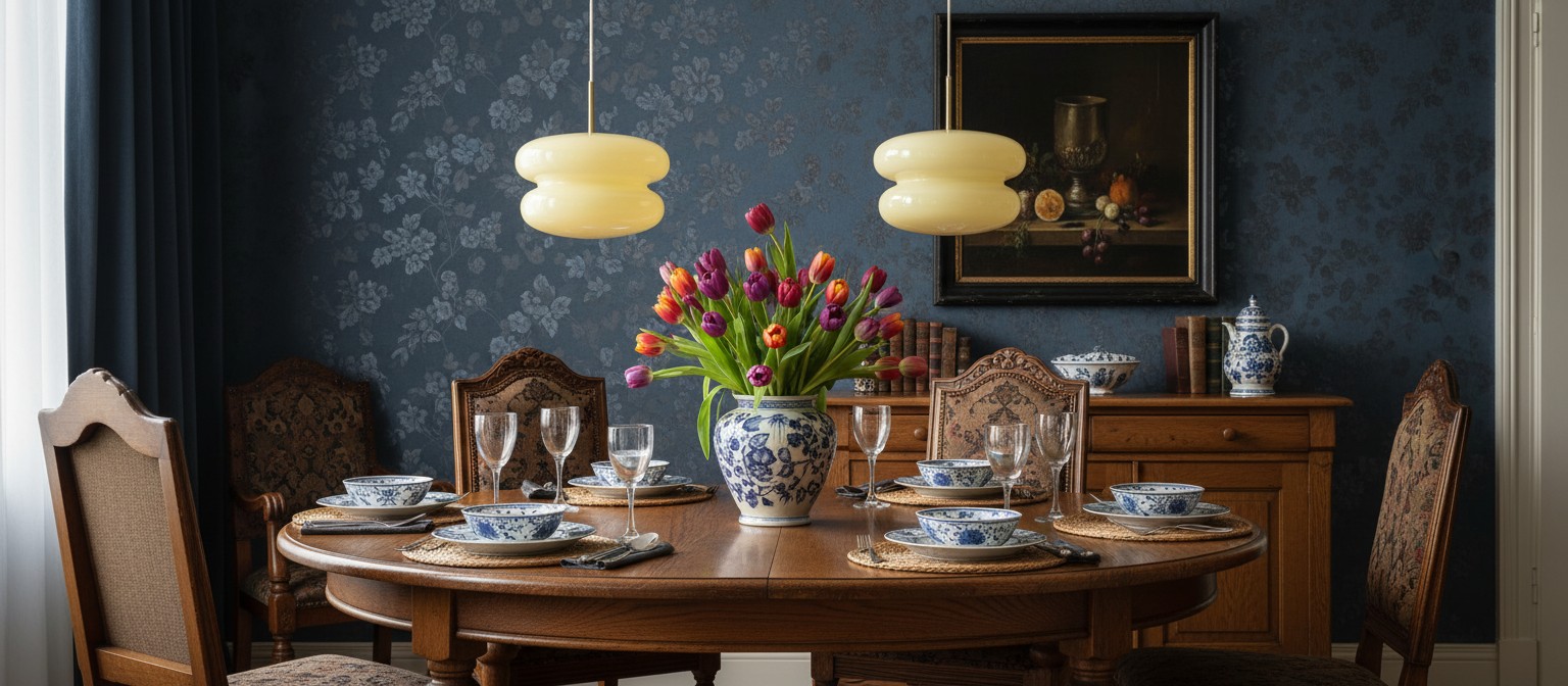 Hanglamp van opaalglas boven een eettafel