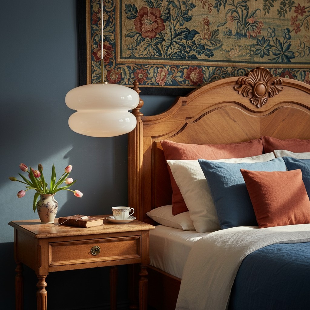 Opaalglazen hanglamp naast een bed