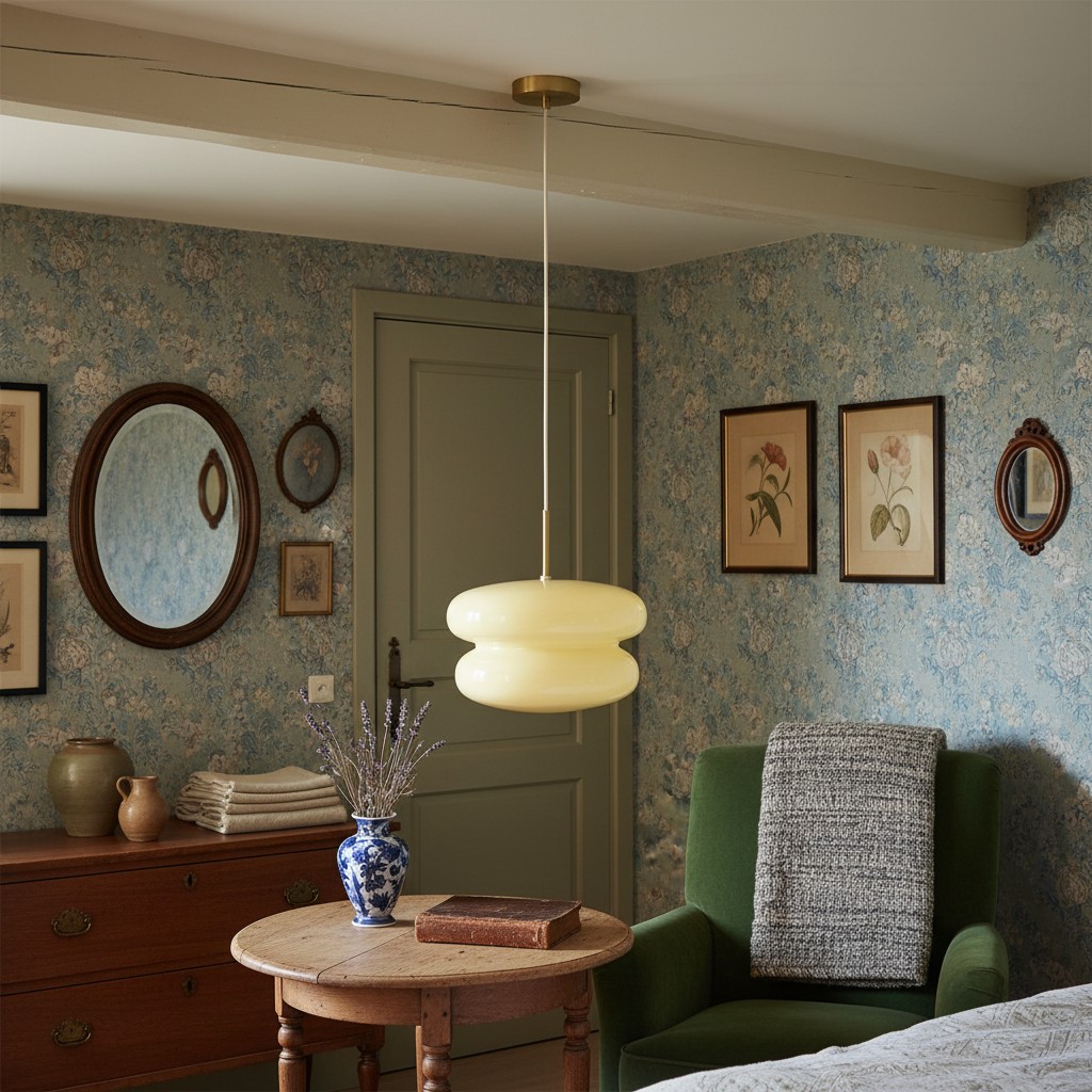 Lichtgele hanglamp in een slaapkamer