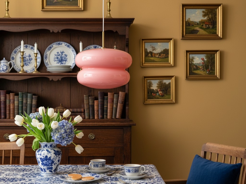 Roze hanglamp van opaalglas boven een tafel