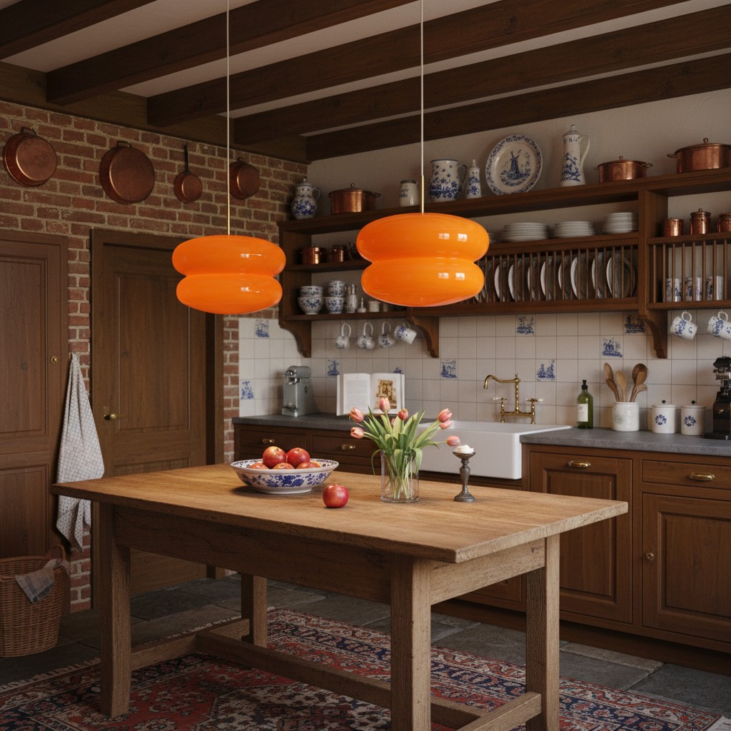 Oranje hanglampen boven een tafel