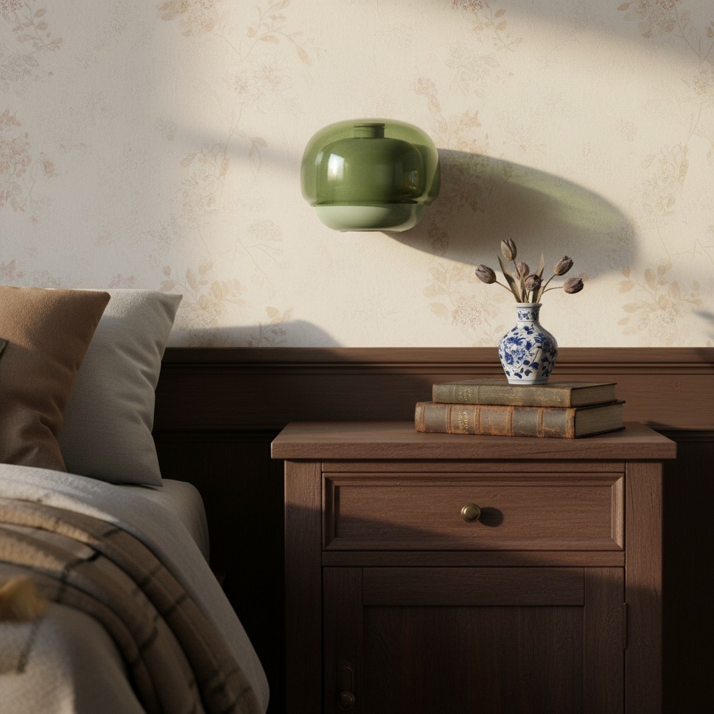 Groene Clinco-wandlamp boven een nachtkastje