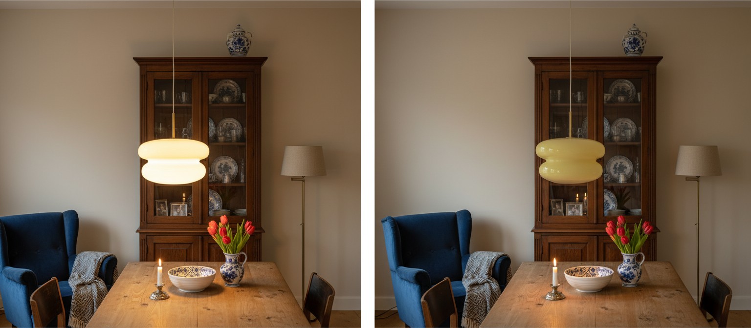 De hanglamp met het licht aan en uit