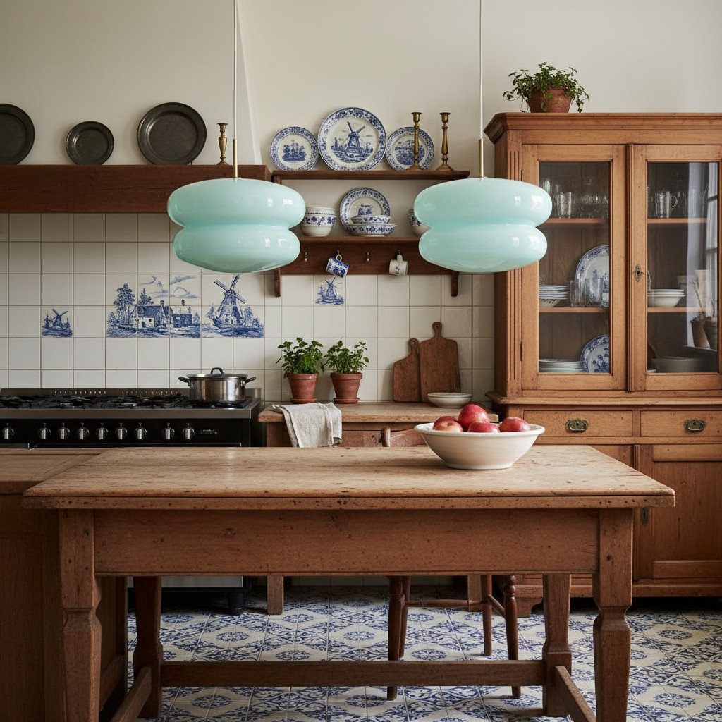Lichtblauwe hanglampen in de keuken