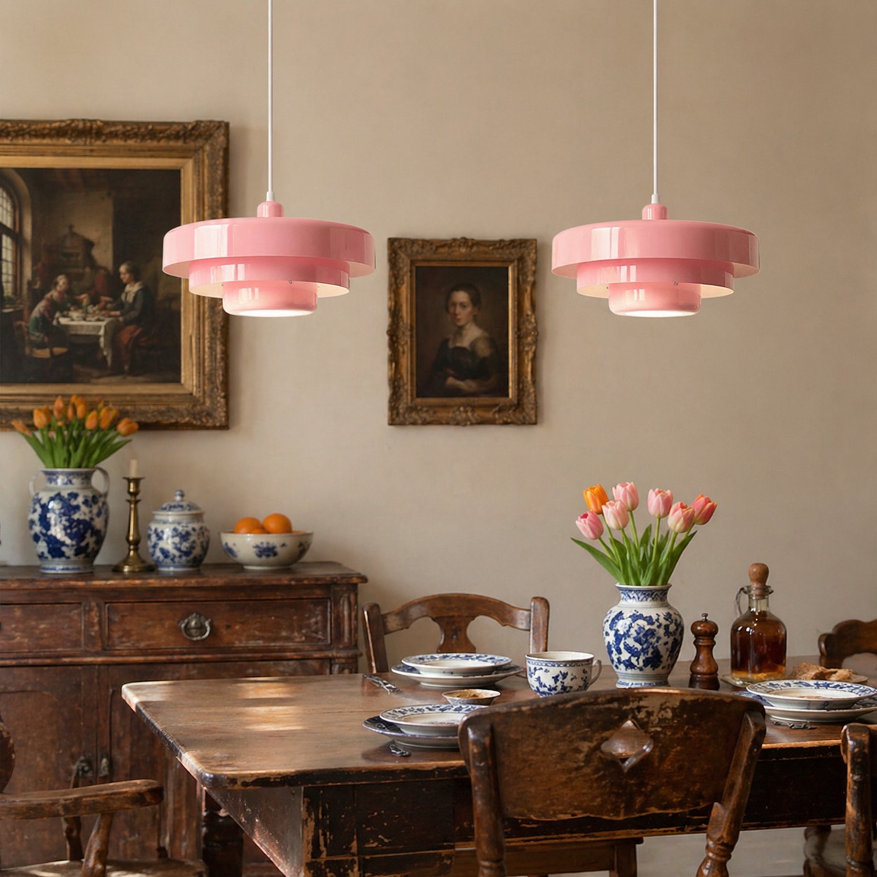 Roze hanglampen boven de eettafel