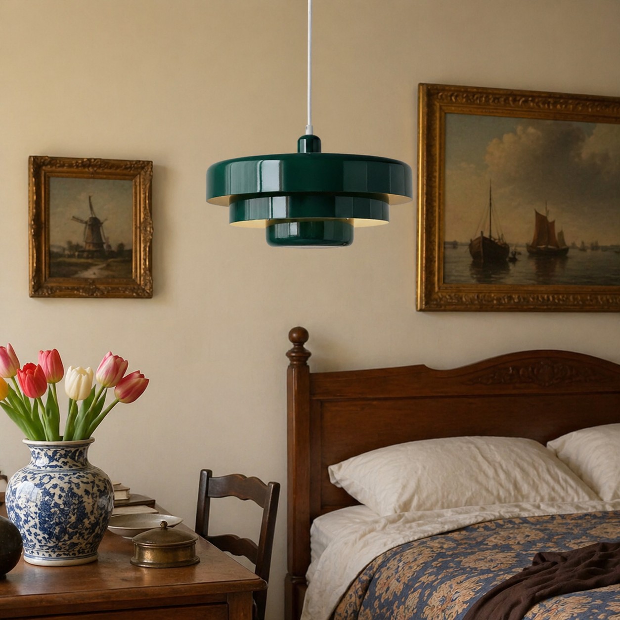 Donkergroene hanglamp in de slaapkamer