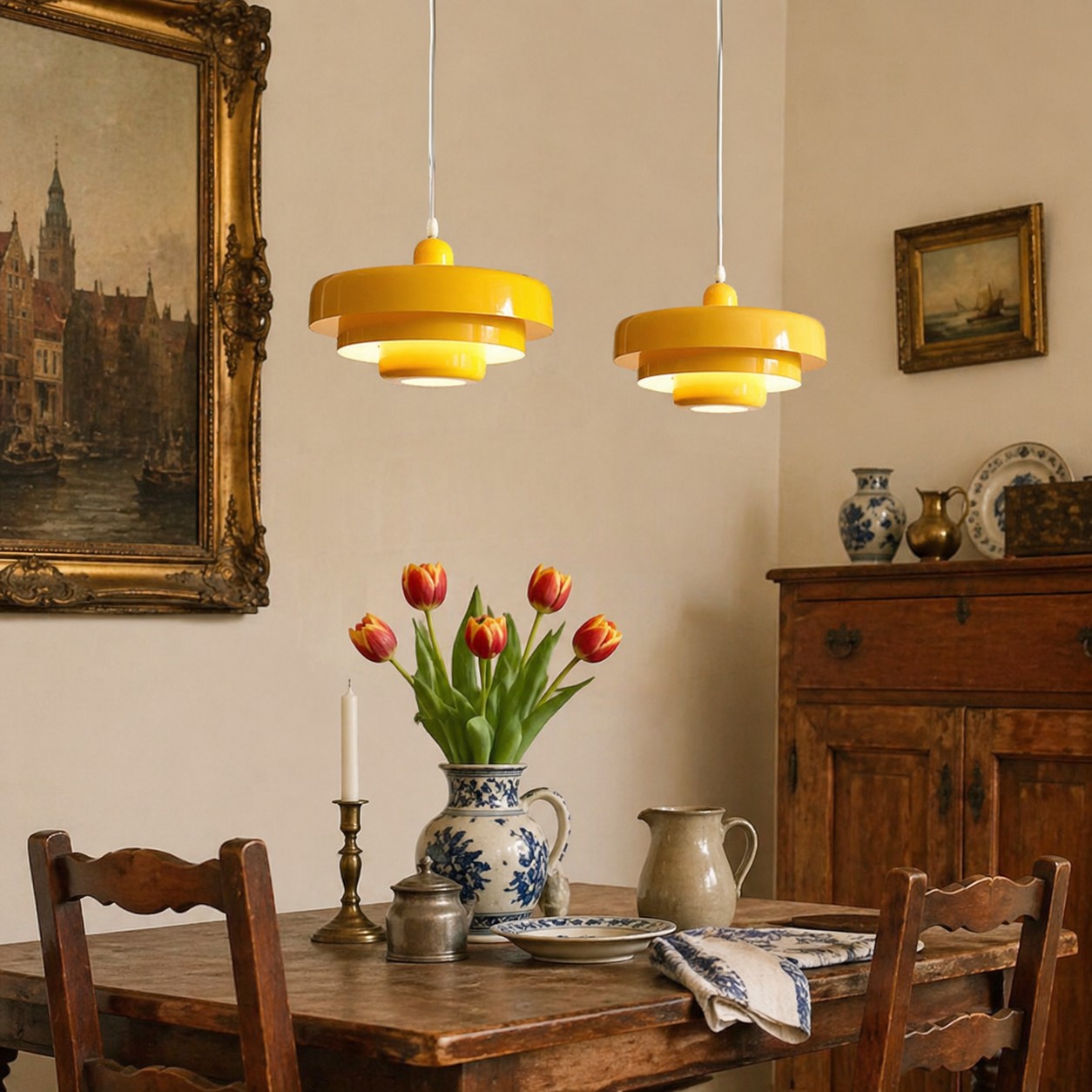 Gele hanglampen boven de eettafel