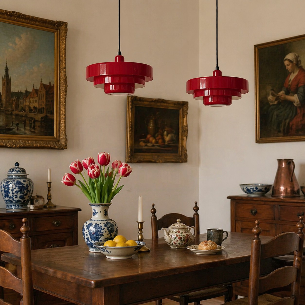 Rode hanglampen in de eetkamer